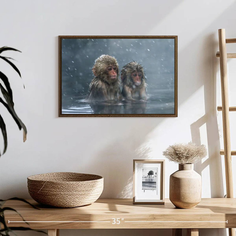 Duo de singes, 19 po x 13 po, Cadre flottant noyer