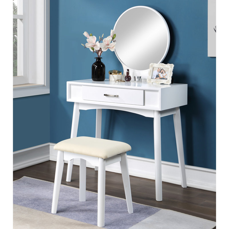 Wood Vanity And Stool In White - Functional Elegant Add Style To Your Room Stylish With Storage Drawer For Makeup Essentials Solid Construction