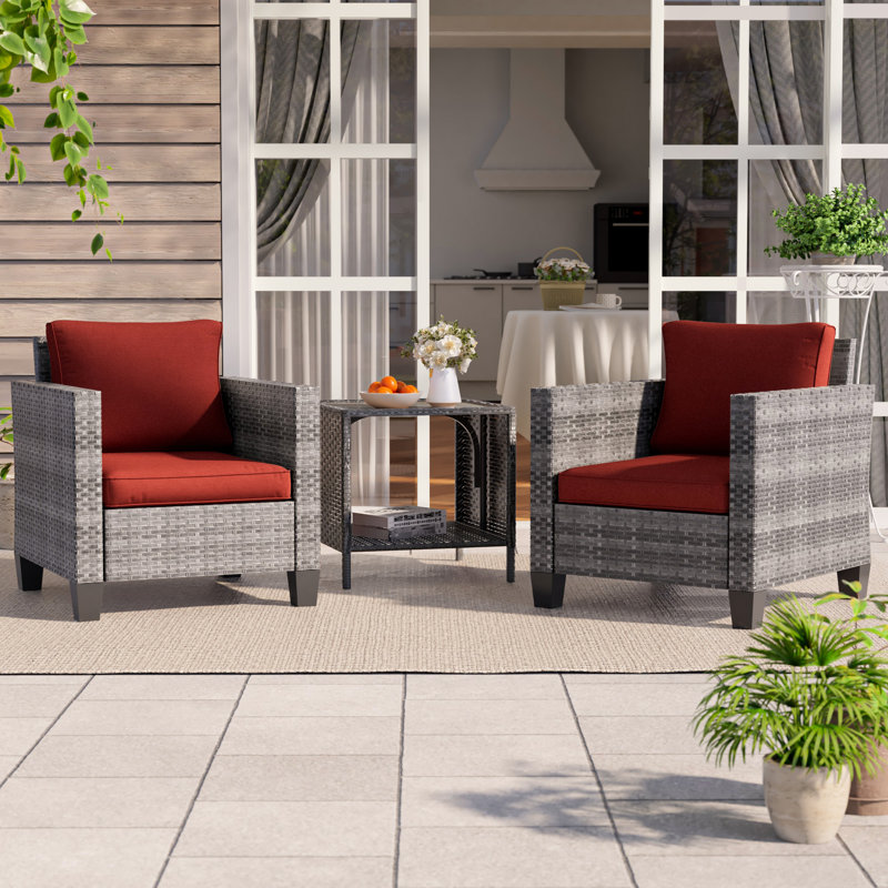 3 Piece Patio Conversation Set with Cushion, Gray, Rust Red