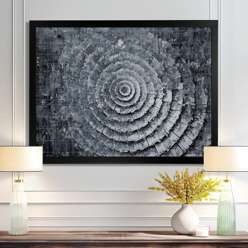 «Gray Horizon Spiral Maze», art mural fractal abstrait, Reproduction encadrée d'une seule photo sans pass, Noir