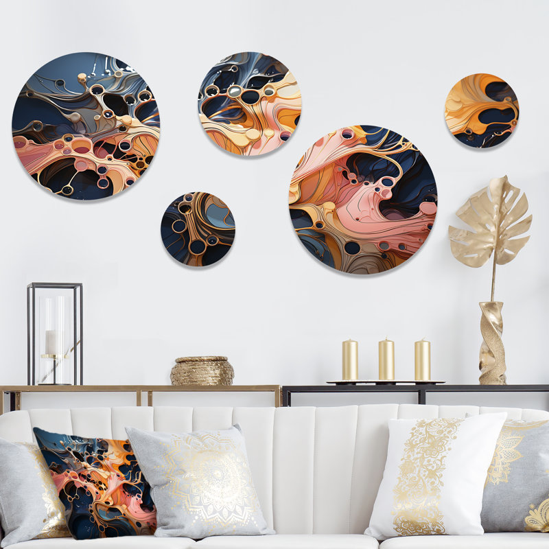 Rose et orange encre vagues Melody - encre liquide ensemble abstrait d'art mural rond de 5