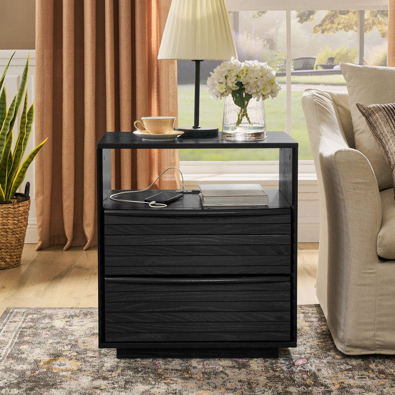 2 Drawer Mid-Century Nightstand, Black
