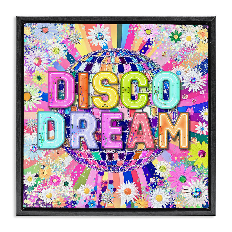 Vivid Disco Dream with Daisies Floating Frame, design by Jess Stempel, Jet Black Floater Frame, 18" H x 18" W