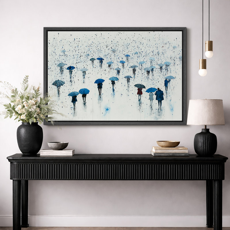 "Blue Umbrella Rain Scene Art", photos de salon, impression sur toile encadrée, H 16 po x l 24 po x P 1,5 po, Cadre noir