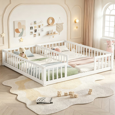 Double Twin Floor Bed Frame with Guardrails for Kids Shared, Wood Floor Bed Montessori Bed with 2 Sleeping Spaces for Twins, White