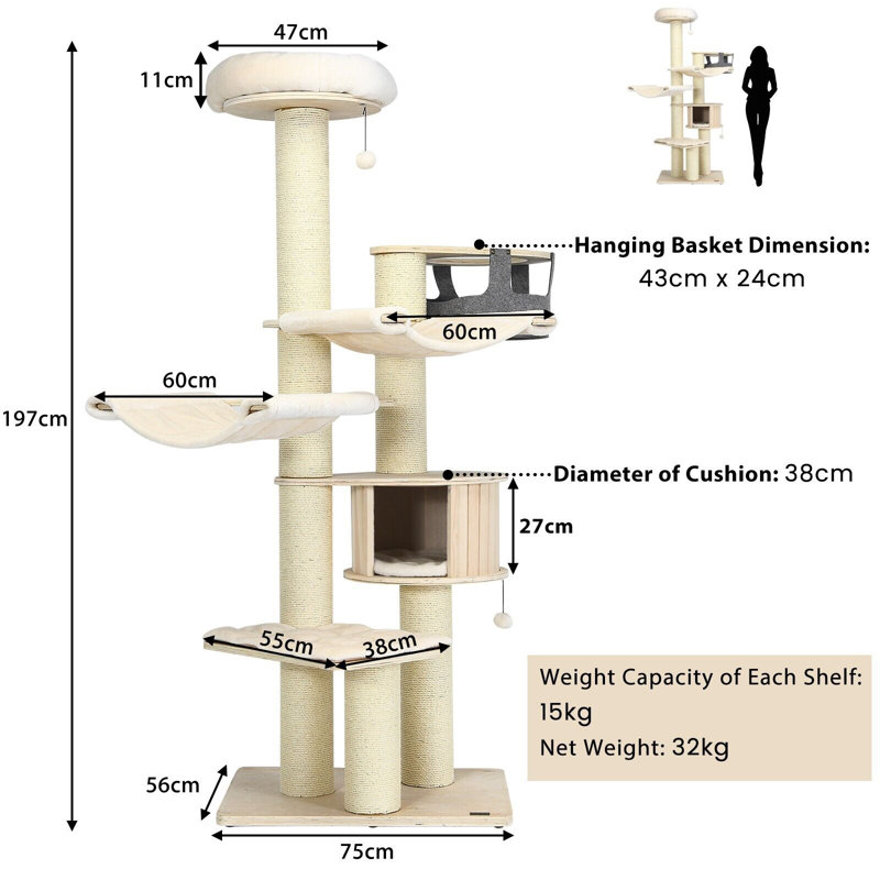 197 Cm Tall Cat Tree Multi-Level Wooden Cat Tower Activity Center W/ Top Perch, Beige