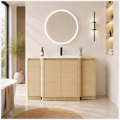 Meuble-lavabo autoportant 60 po en chêne blanc américain avec lavabo en céramique blanche, 2 petites armoires de rangement et portes à fermeture en douceur