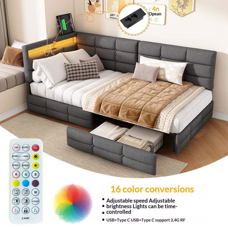 Upholstered Daybed with Drawer Storage, European Double (140 x 200 cm), Grey