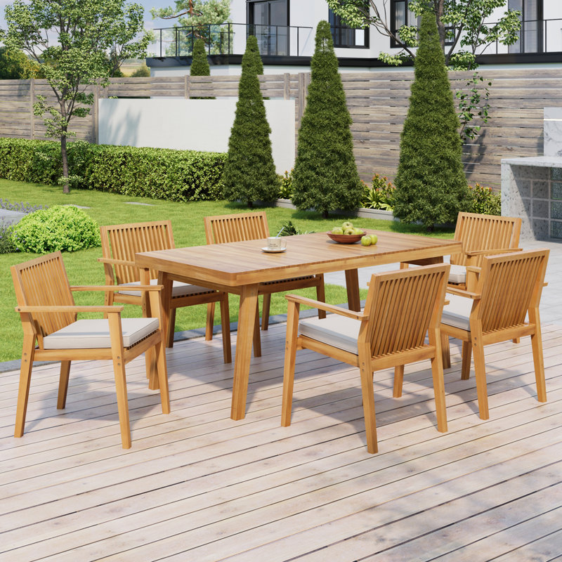 Gerhardt Outdoor Acacia Wood Dining Set With Slatted Top & Cushions, Natural, 6