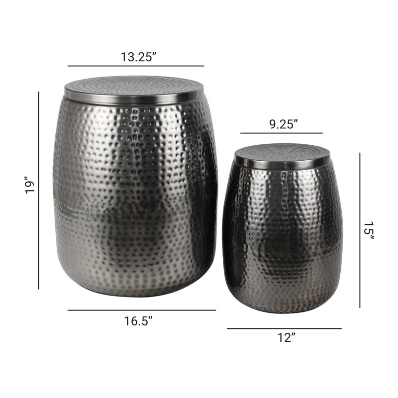 Merida Modern Rustic 2-Piece Hammered Metal Drum Storage Side Tables with Lids, Dark Grey