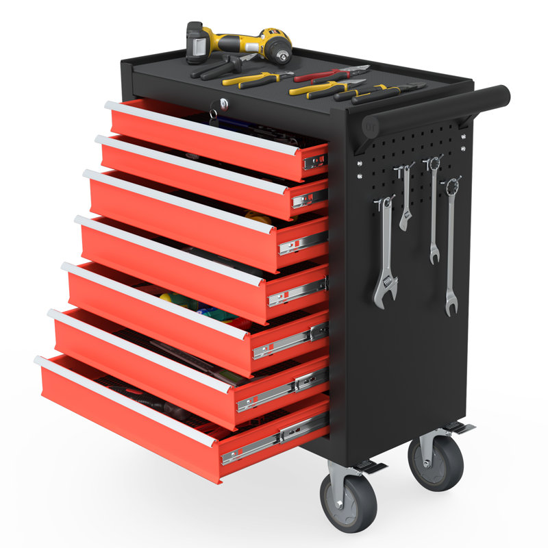 Efficient Storage Tool Cart & Worktable With Smooth Drawer Slides And Versatile Organization, Black/Red