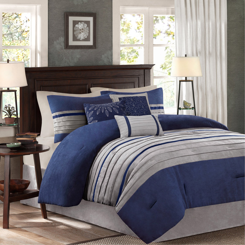 Ensemble d'édredon en faux suède 7 pièces 7 pièces Blue Cal King, Motif floral bleu