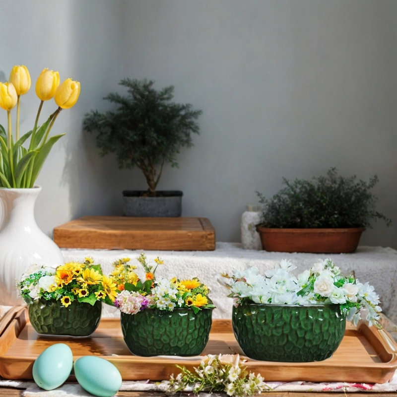 Ensemble de 3 pots de fleurs en céramique vert moderne à rayures avec trou de drainage