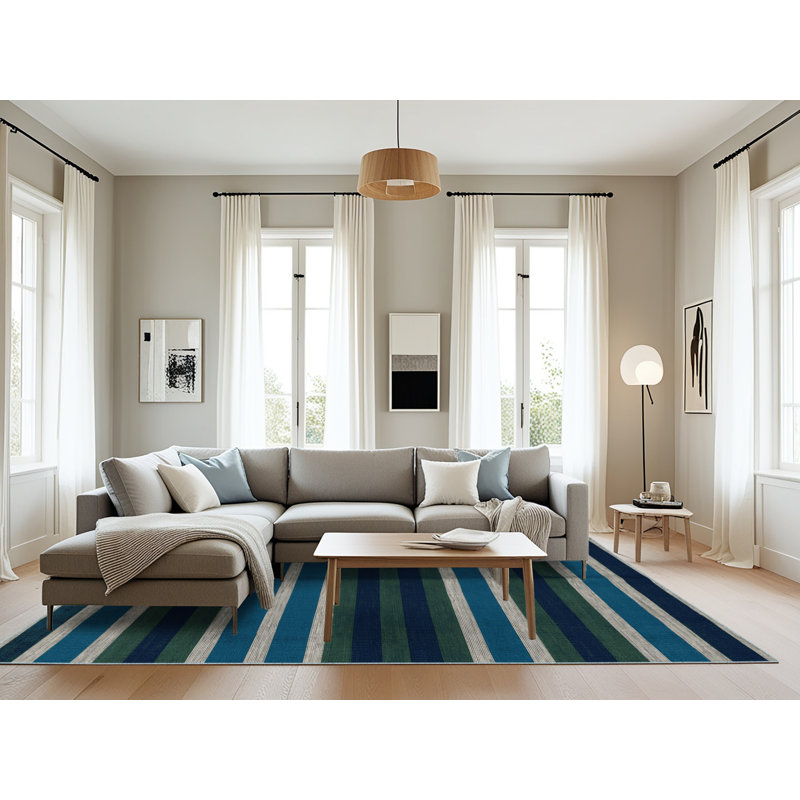 Machine Washable Horizontal Stripes Blue Area Rug, Rectangle 6' x 9'