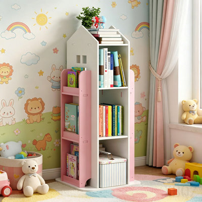 Bibliothèque rotative à 4 niveaux, bibliothèque à 360 °, bibliothèque sur pied, bibliothèque pour enfants pour chambre à coucher, salon, salle d'étude (couleur ROSE)