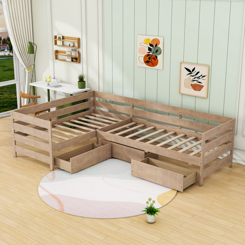 Lit plateforme simple à trois tiroirs en bois, Naturel