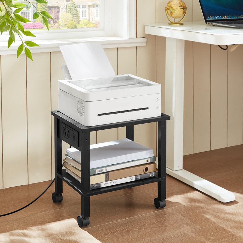 Chariot à roulettes pour imprimante avec poste de recharge, support de rangement à 2 niveaux sous bureau, Noir