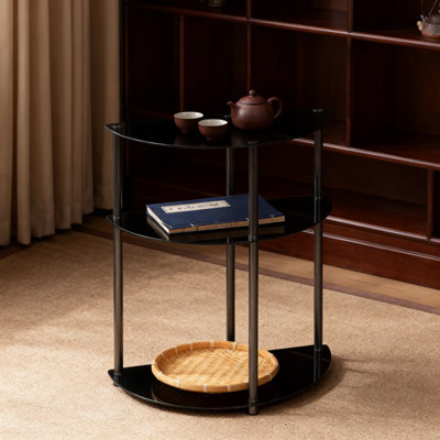 Classic Glass 3-Tier Half-Circle End Table With Storage Shelves, Modern Side Table For Living Room, Bedroom, Office, And Bathroom