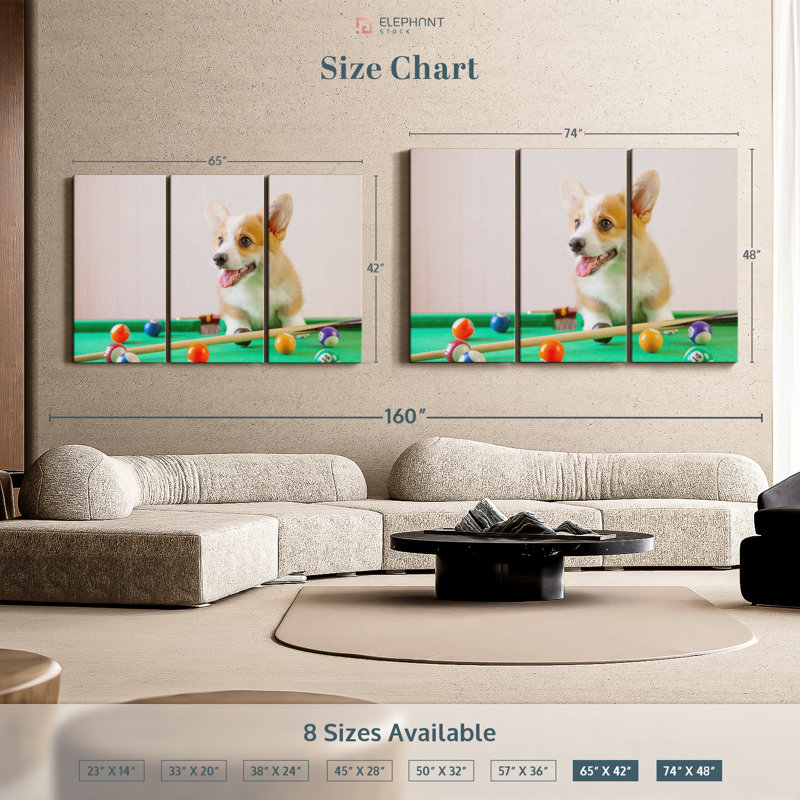 «Dog jouant au billard» sur toile, H 48 po x l 74 po x P 1,25 po