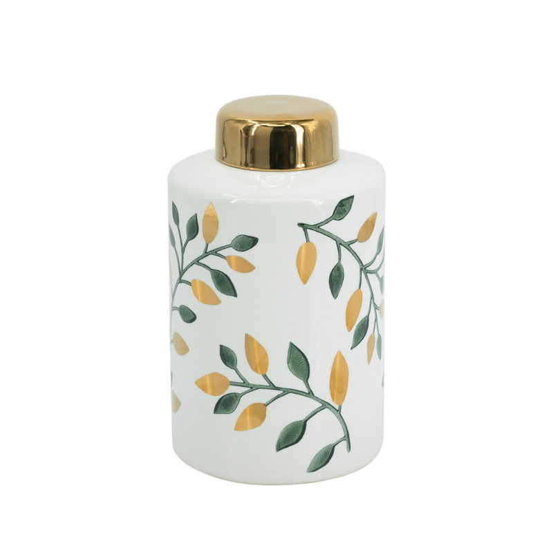 Lidded Jar - Green/Gold/White, 9.3" H x 5.5" W x 5.5" D