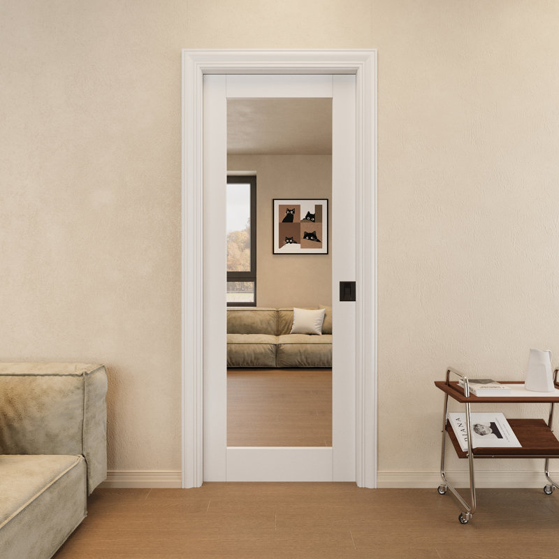 Porte de garde-manger coulissante intérieure avec porte coulissante et miroir, Blanc/Noir, 24 po x 80 po