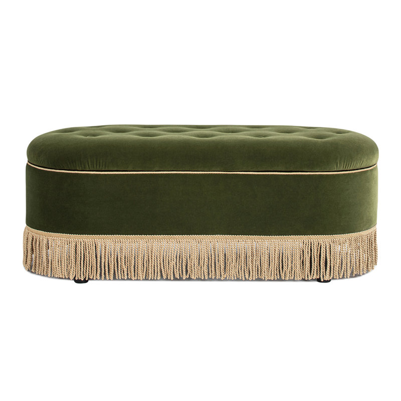 Oval Tufted Bullion Fringe Storage Bench, Olive Green Velvet