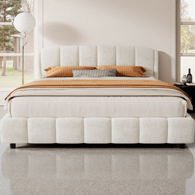 Lit plateforme très grand avec boucle, lit plateforme tapissier en tissu doux avec tête de lit courbée, beige