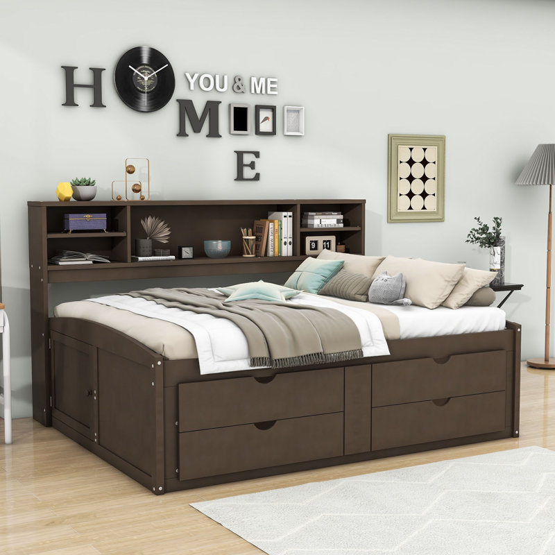 Nagaji Wood Daybed with Twin Size Trundle and Shelves, Antique Brown