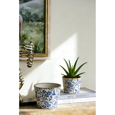 De 2 pots à fleurs en céramique bleue et blanche avec un motif floral, rehaussez votre décor, convenant aux plantes traînantes, pots à fleurs de 4 lb, - pièce, complément aux thèmes éclectiques traditionnels, 6,9 x 6,9 x 6,3 pouces