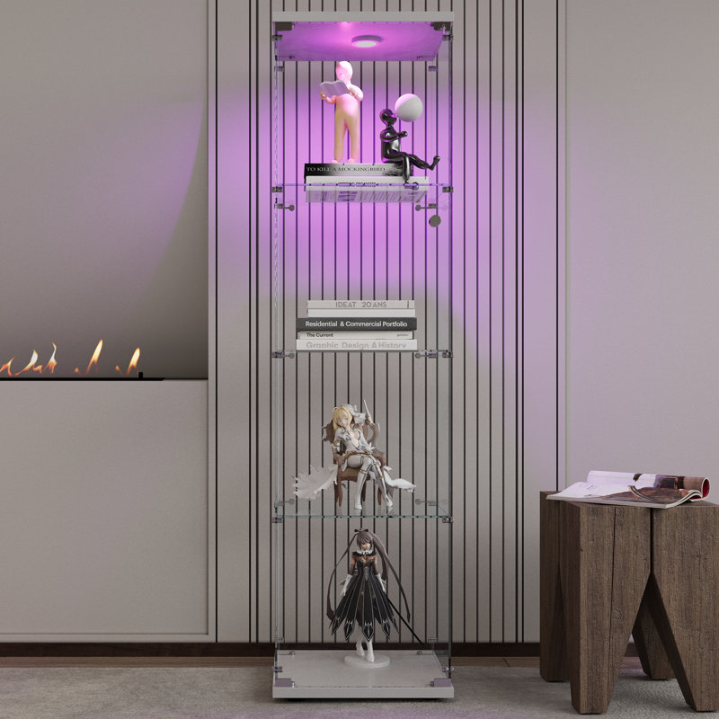 Vitrine à DEL avec 4 tablettes vitrées avec porte et bibliothèque au sol, Blanc