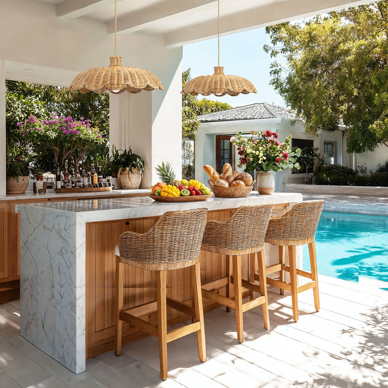 Aurelia Outdoor Rattan Pendant Light - 24" Natural Large Dome 1-Light Polished Handwoven Dimmable Hanging Light For Patio & Porch in Coastal, Farmhouse, Country & Rustic Style