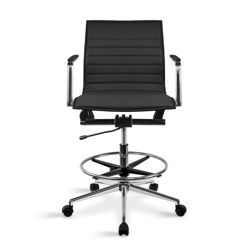 Modern Drafting Chair | Upholstered PU Leather Ribbed Mid Back with Tall Adjustable Base & Leg Rest | Tilt Lock, Swivel | Computer Armchair for Home, Executive, Conference, Meetings