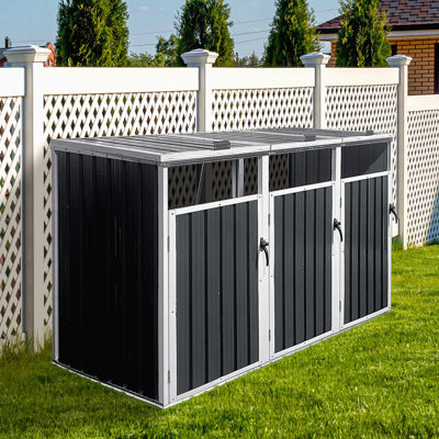 Garbage Bin Shed Stores 3 Trash Cans Metal Outdoor Bin Shed For Garbage Storage,Grey