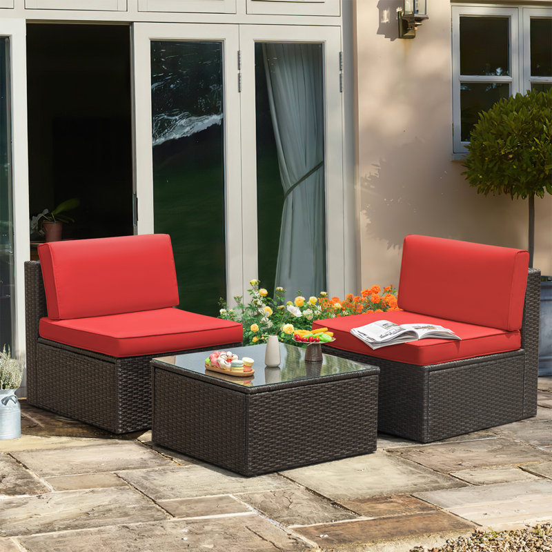 Ensemble de conversation de patio 3 pièces avec coussins, Rouge