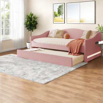 Space-saving Teddy Fleece Twin Daybed With Led Lighting, Pink Trundle