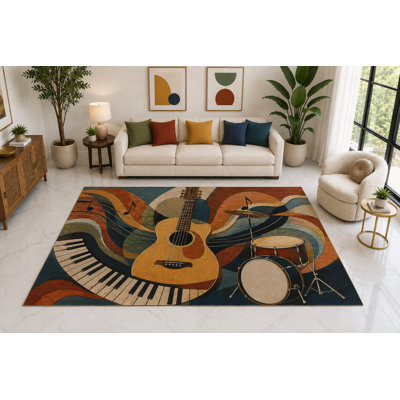 Grand tapis de musique rétro de 6 pi 7 po x 9 pi 10 po, tapis d'intérieur doux à poils courts, envers en silicone antidérapant pour le salon bleu sarcelle