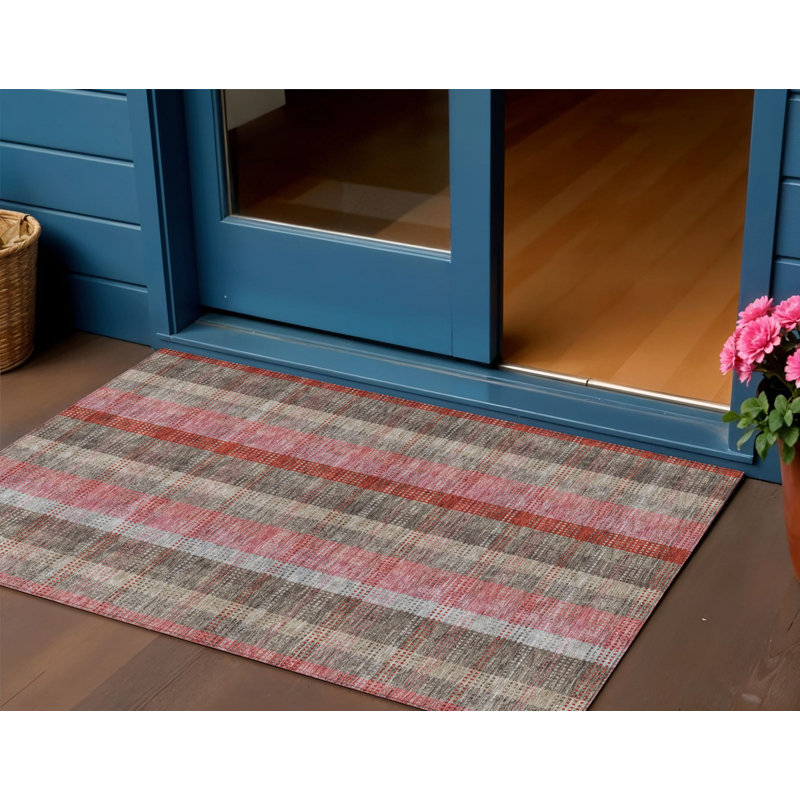 3' X 5' Red Pink And Pewter Plaid Washable Indoor Outdoor Area Rug