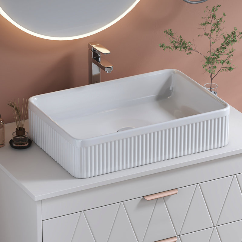 White Rectangular Ceramic Bathroom Vessel Sink With Drain Assembly