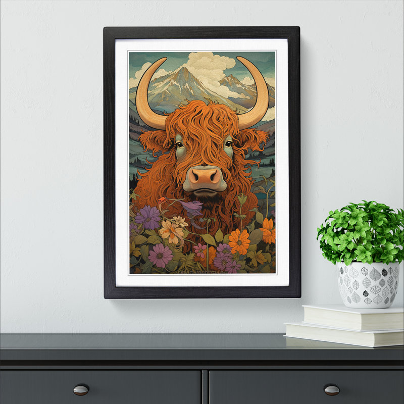 Highland Cow Nouveau No.2 - Single Picture Frame Print on Wood, Black, 64cm H x 46cm W x 2cm D