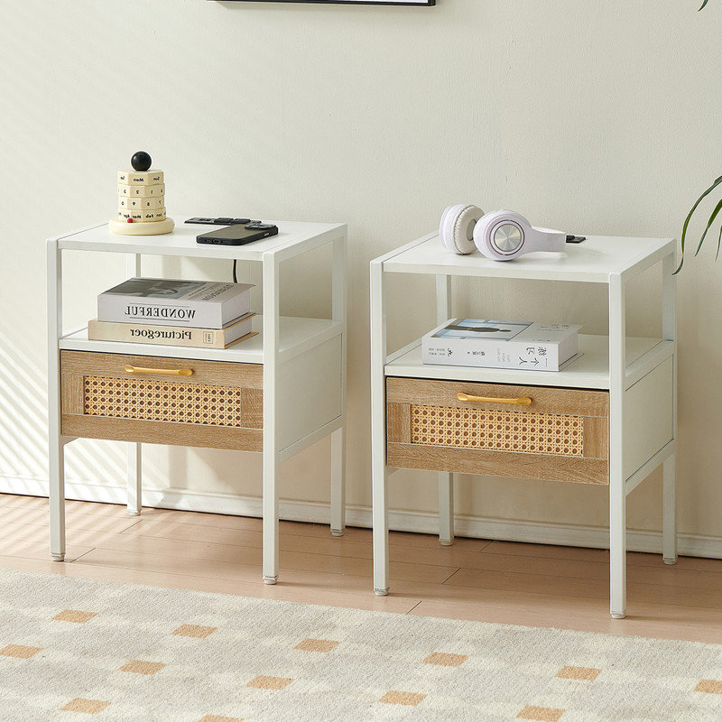 Set of 2 White and Rattan End Tables with USB Ports and Metal Legs