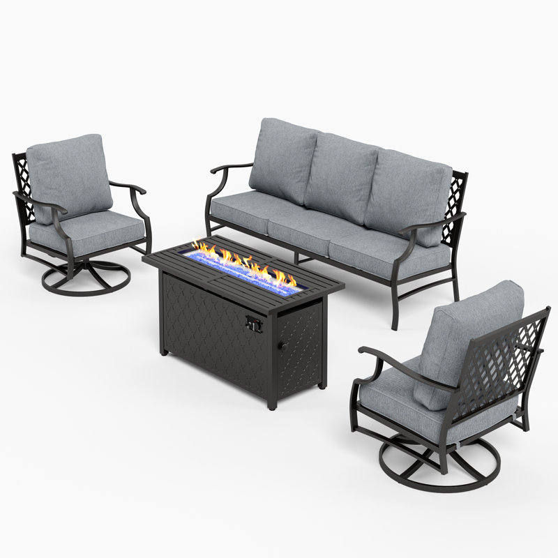 Asfand 5 - Person Patio Conversation Set with Swivel Lounge Chairs & Firepit Table, Gray