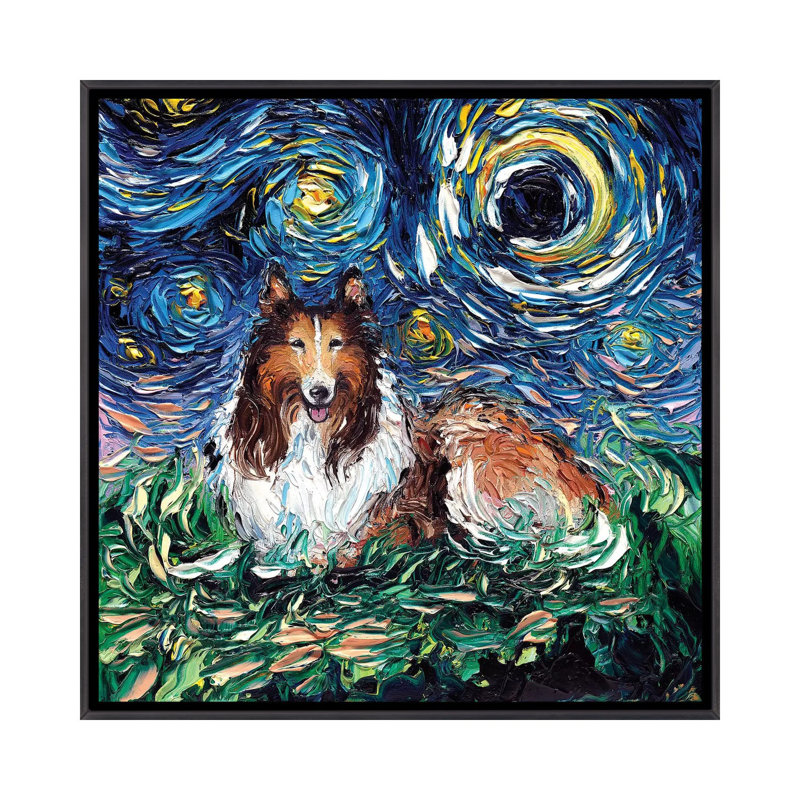 Reproduction d’art, "Collie Night" par AJA, H 18 po x l 18 po x 1,5 po, Toile avec cadre noir patiné, Pas de tapis