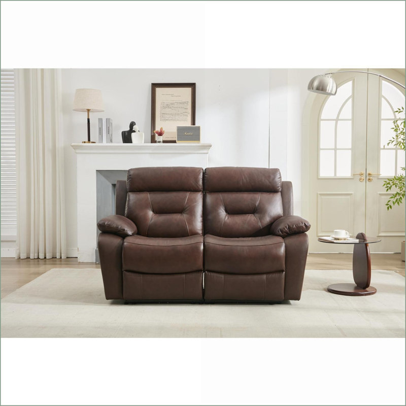 Sofas: Contemporary 2-Seat Non-Power Reclining Genuine Leather Tan Brown Sofa | Genuine Leather | Brown