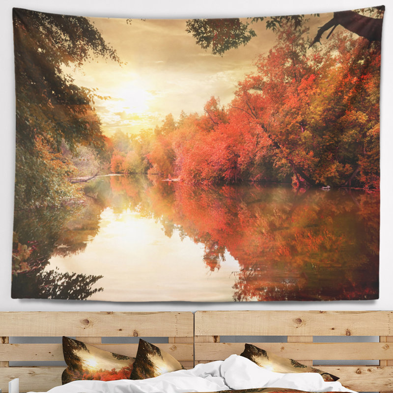 Paysage, coucher de soleil d'automne coloré sur une tapisserie, H 50 po x l 60 po