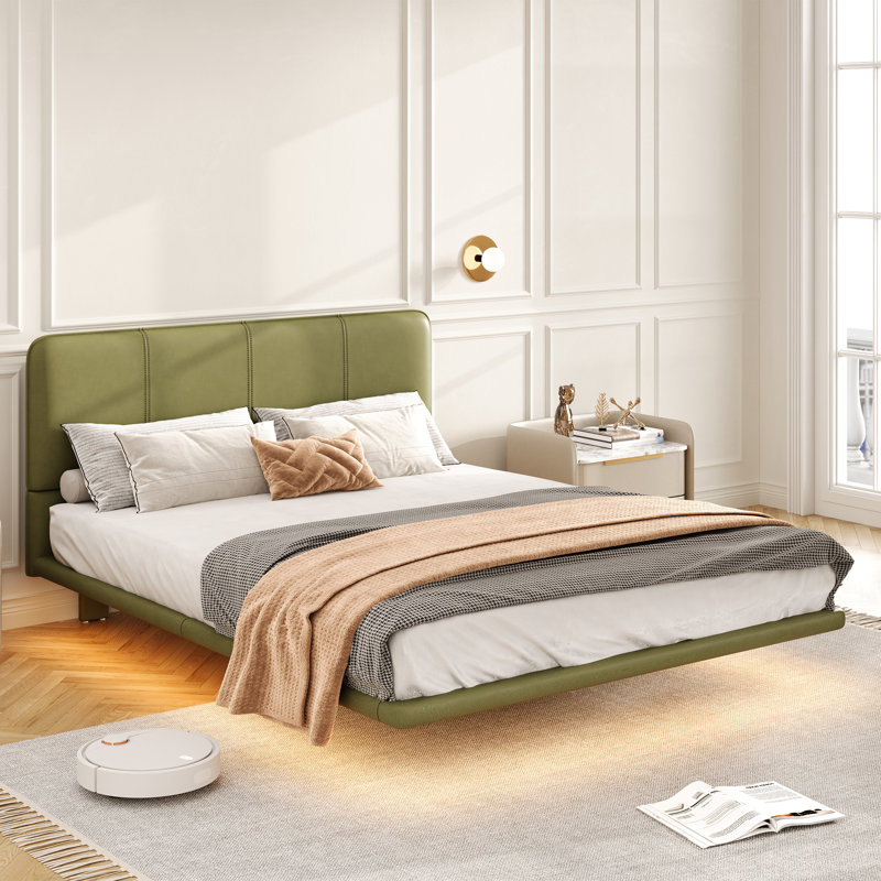 Cadre de lit flottant avec lumière DEL, lit plateforme moderne en cuir de polyuréthane, aucun sommier requis, assemblage facile, pleine grandeur