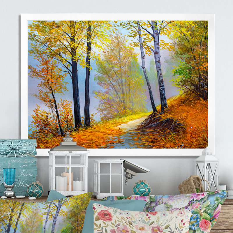 Path Path The Birch Tree Forest - reproduction sur toile avec cadre flottant, Cadre photo blanc, H 16 po x l 32 po x P 1 po