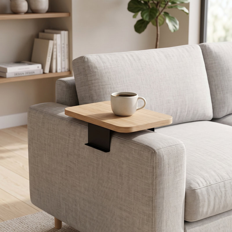 Sleek Armrest Tray Table for Remotes and Beverages, Oak