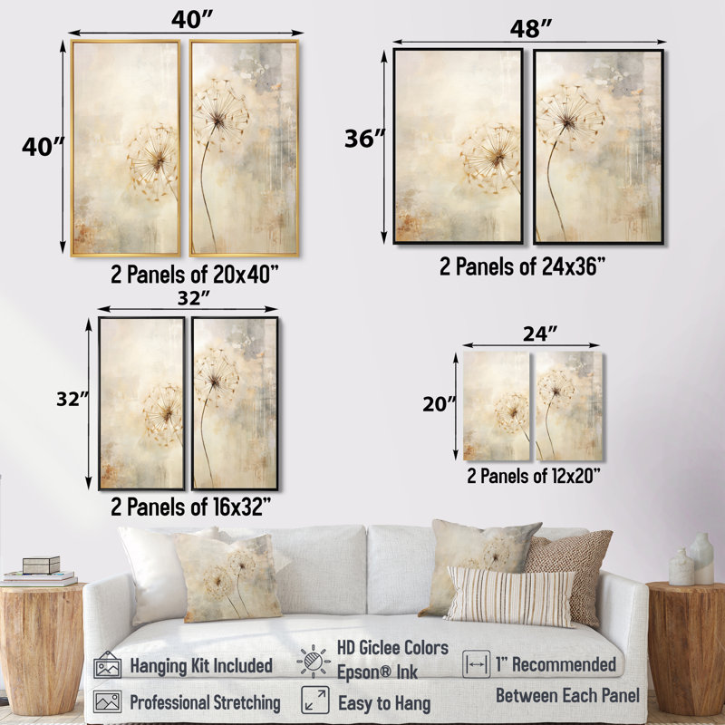 Dandelion Mute Tone - Art floral sur toile pissenlit floral, 20" H x 24" W, Floater Framed Print without Mat, Black