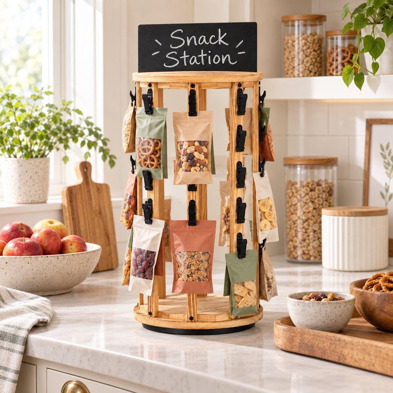 Snack Organizer Rack with Chalkboard and Hanging Clips