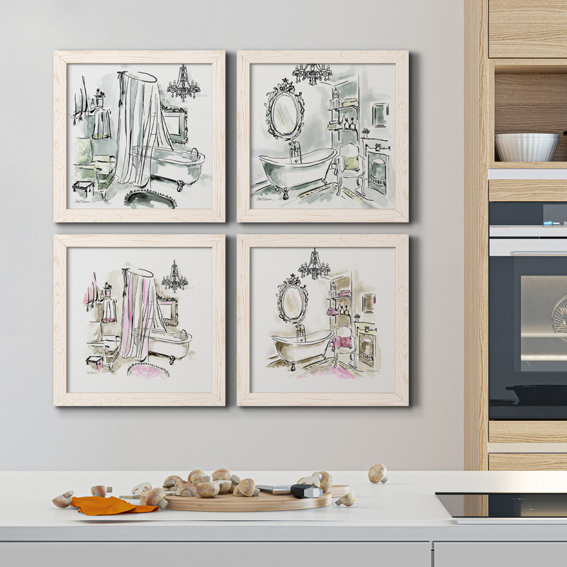 «Opulent Bath I», ensemble de 4 peintures sur toile encadrées, H 31,5 po x l 126 po x P 1,5 po, Toile blanche encadrée